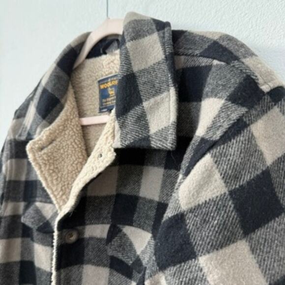 WOOLRICH Tumbleweed Buffalo Plaid Sherpa Lined Wool Jacket Beige Black L - Picture 2 of 7